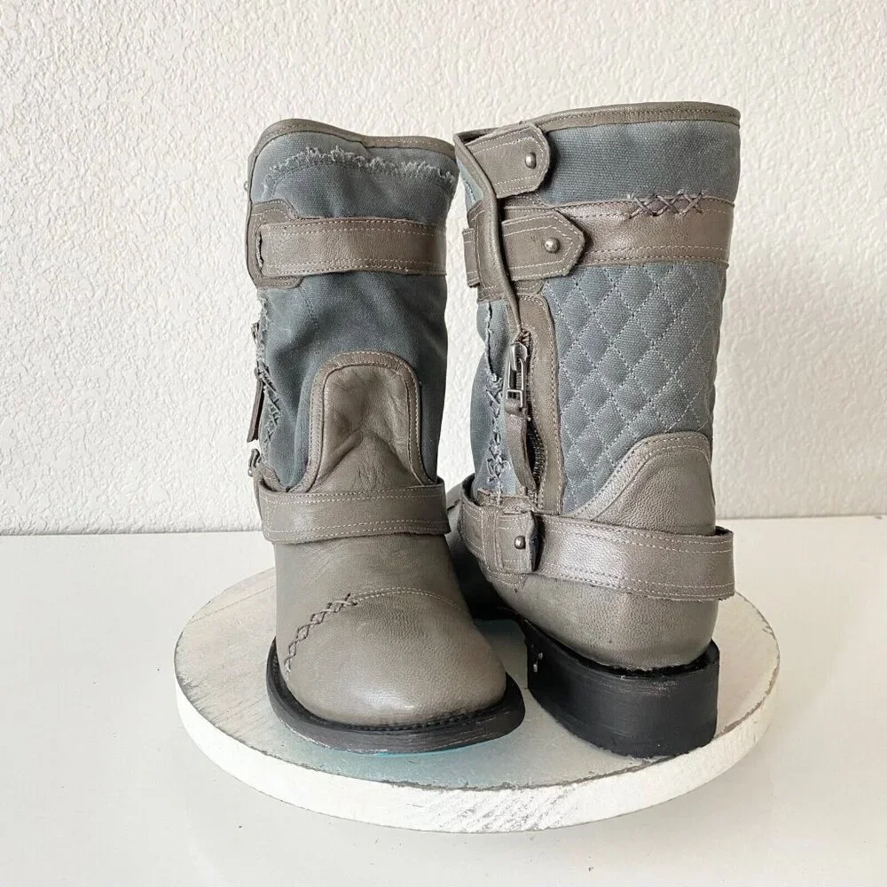 NEW Lane Womens Gray Quilted Mid-Calf Boots With Zipper & Buckle Accents Size 10